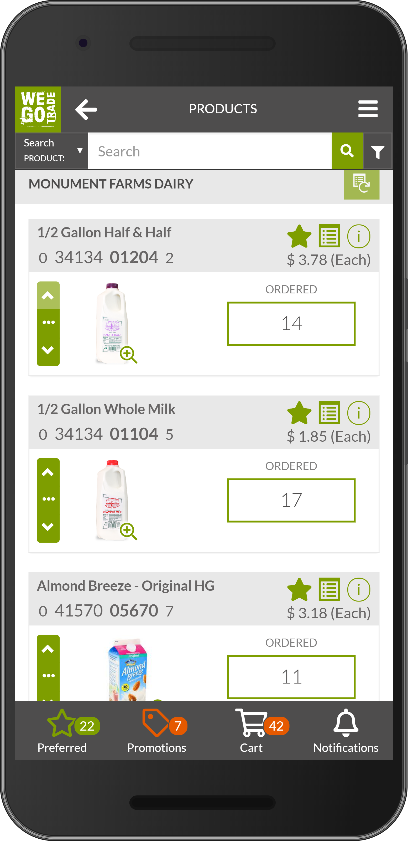 App Mobile Client preview of Monument Farms products on wegotrade