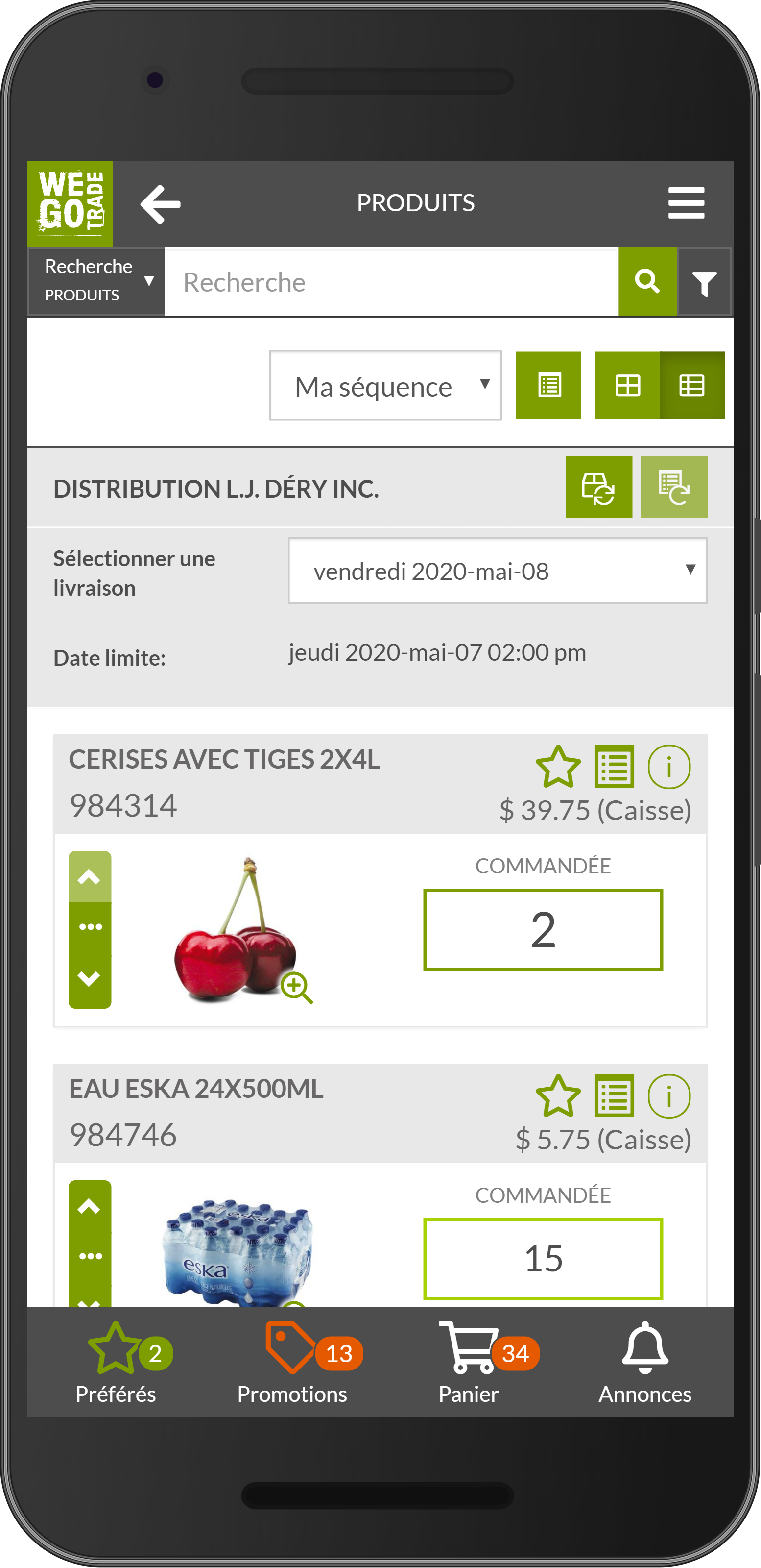 App Mobile Client apercu des produits de Distribution LJ Déry sur Wegotrade